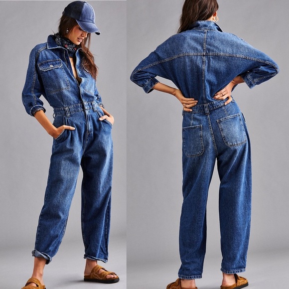 We the Free Womens Medium Wash Denim Pocketed Zip Up Sammie Coverall Size XS - Picture 1 of 9